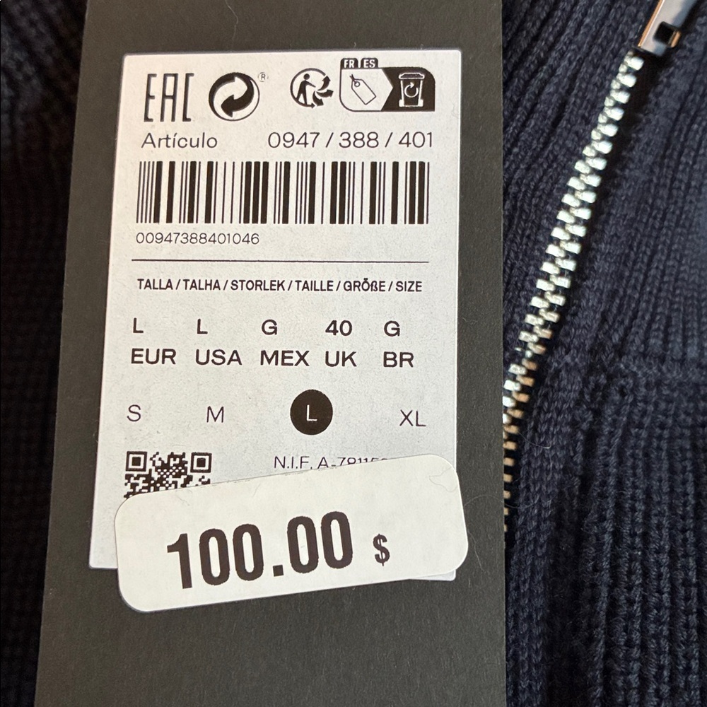 NWT. Massimo Dutti Navy Blue Cotton Knit Vest with Zipper. Size L. - Picture 6 of 6